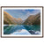 Portrait photograph of alpine peaks above a tranquil lake, with a dot.

