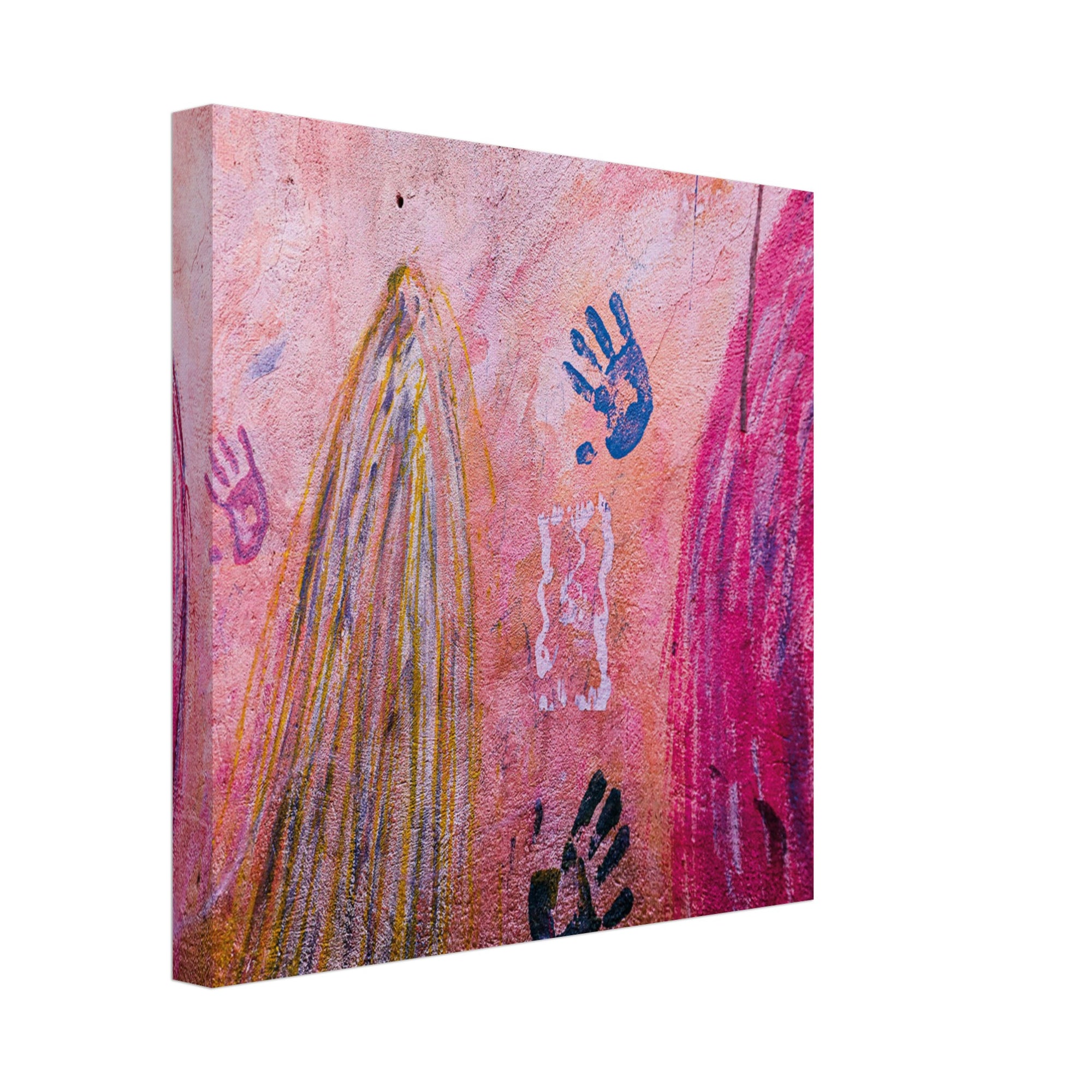 Creative mural with pink and red strokes and blue hands.

