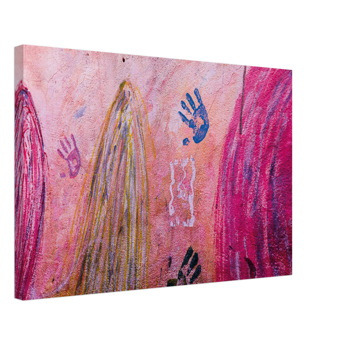 Colorful hand stencils and brush strokes on urban wall.

