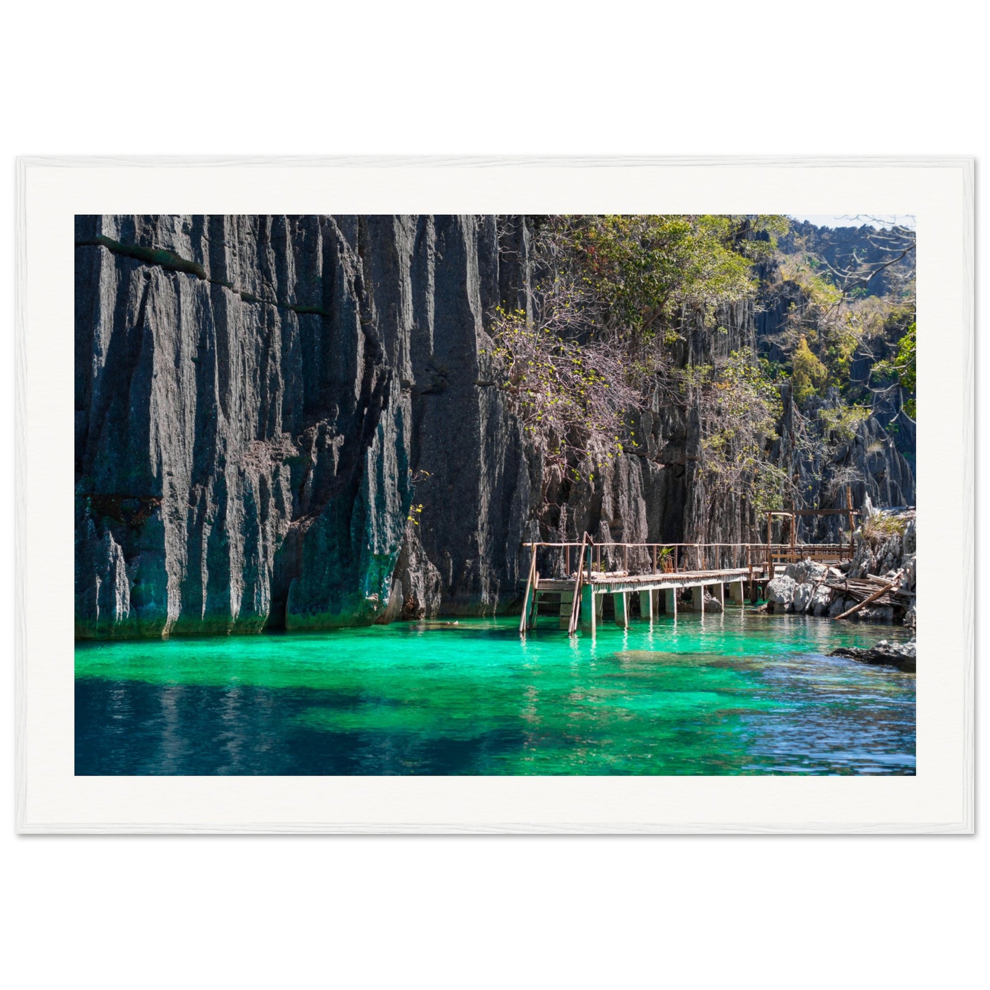 Framed photo of tropical cliffs, clear waters, and rustic dock path.

