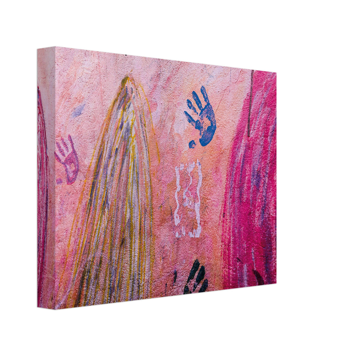 Stylized wall mural with energy-filled handprints.

