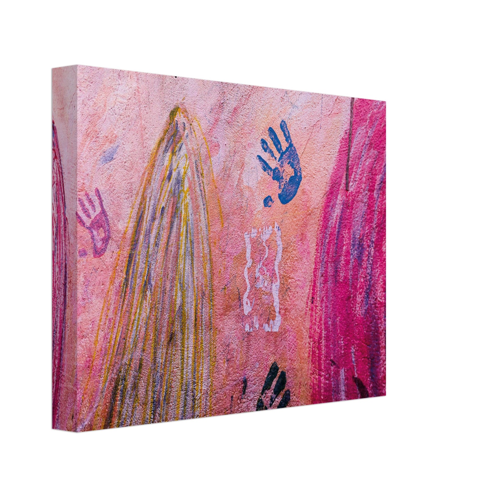 Stylized wall mural with energy-filled handprints.

